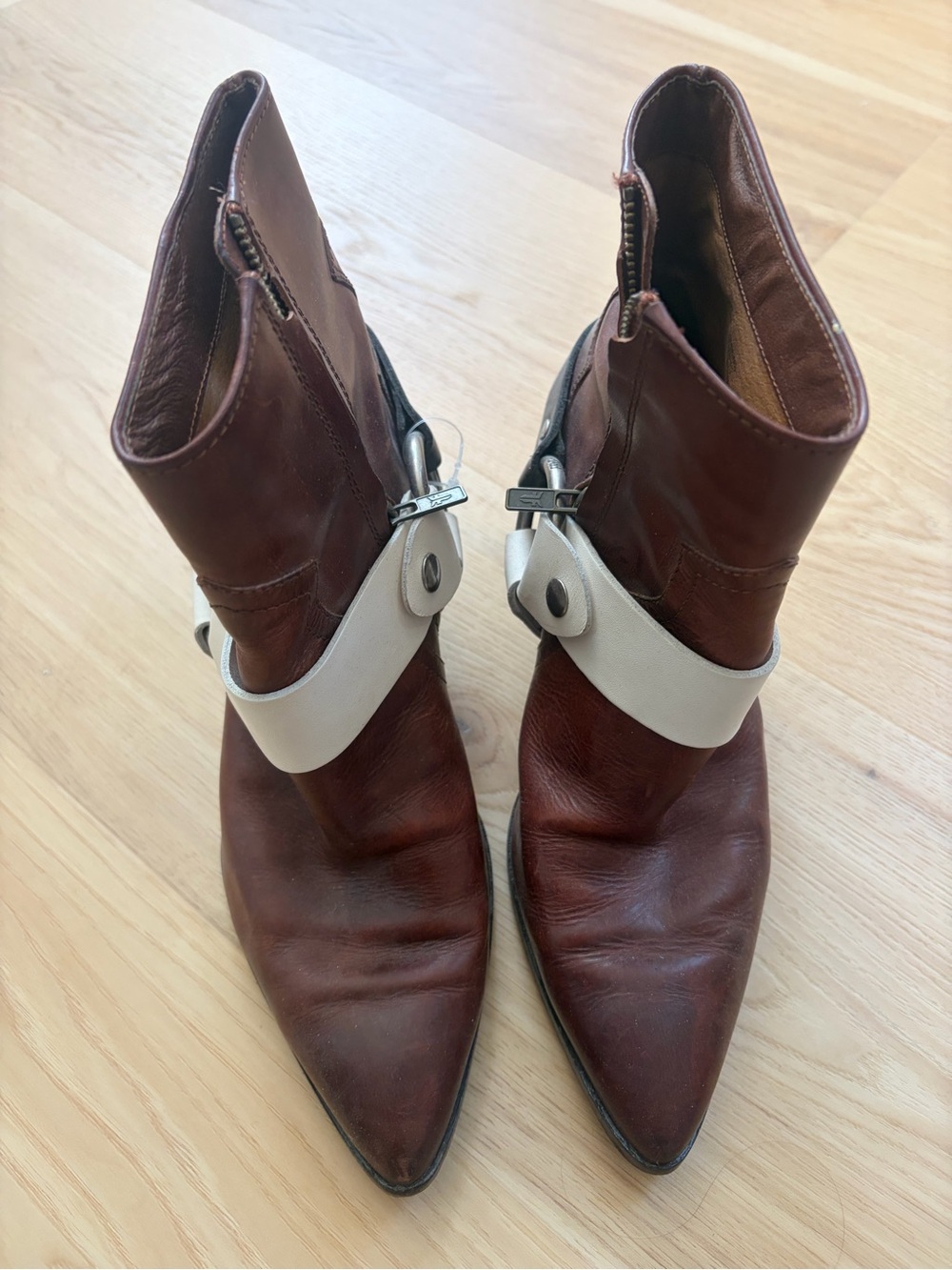 Frye Brown Leather Pointed Ankle Booties with Cream Strap